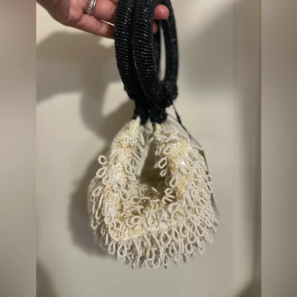 Zara Beaded Evening Mini Purse Tote Bag Cream Black Bridesmaid Wedding TikTok - Picture 2 of 13